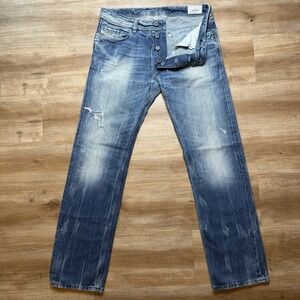 Diesel Mennit Jeans Men 32x32 Blue Straight Leg Thrashed Whiskered Faded 008B9